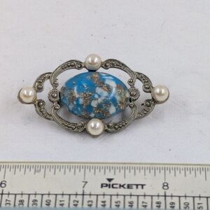 Vintage Turquoise Marbled Czech Glass Brooch Gold Tone With Faux Pearl Accents